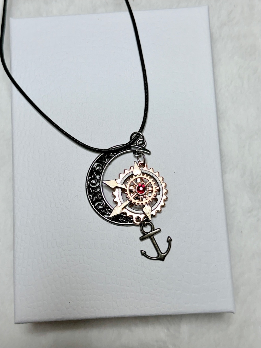 Steampunk Crescent Moon & Anchor Necklace in Silver and Rose Gold